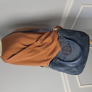 TORY BURCH Amanda French Navy Suede Double Handle Satchel Shoulder Crossbody Bag